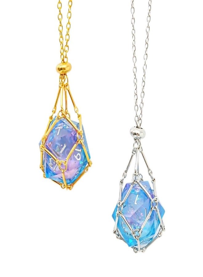 YEMEKO 2 PCS Liquid Core D20 Gold+Sliver Necklace Pendant - Sharp Edge Resin 20-Sided Dice Necklace for Dungeons & Dragons, Tabletop RPG Gift (Blue Purple d20) - Image 1